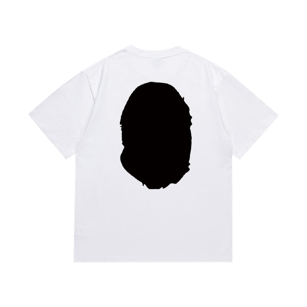 White graphic T-shirt, solid ape-head silhouette, back view