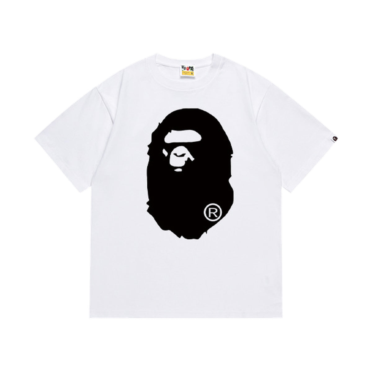 White graphic T-shirt, large black ape-head front graphic and solid black ape-head silhouette on back, front view