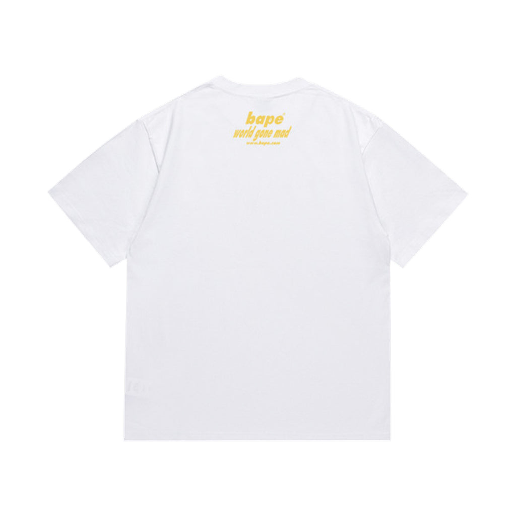 White graphic T-shirt, small upper-back lettering, back view
