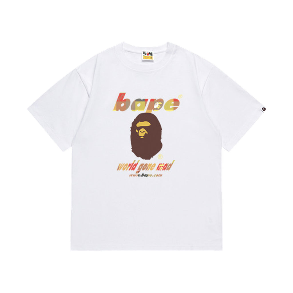 White graphic T-shirt, brown and yellow ape-head graphic with multicolor lettering, front view