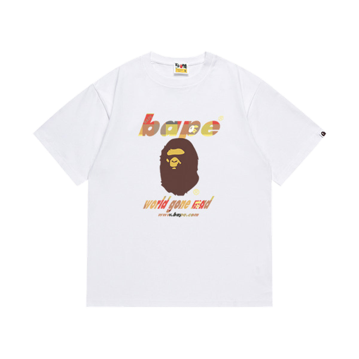 White graphic T-shirt, brown and yellow ape-head graphic with multicolor lettering, front view