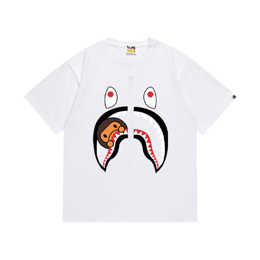 White graphic T-shirt, large shark-face graphic with a small brown cartoon character, front view