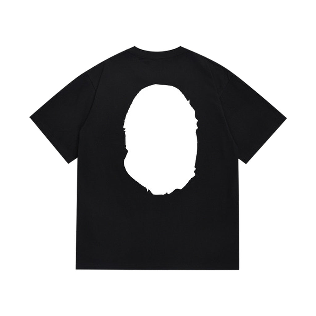 Black graphic T-shirt, solid ape-head silhouette, back view