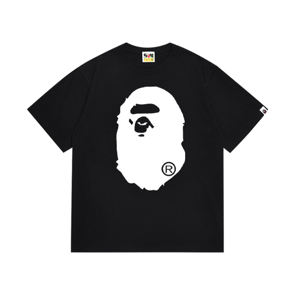 Black graphic T-shirt, large white ape-head front graphic and solid white ape-head silhouette on back, front view