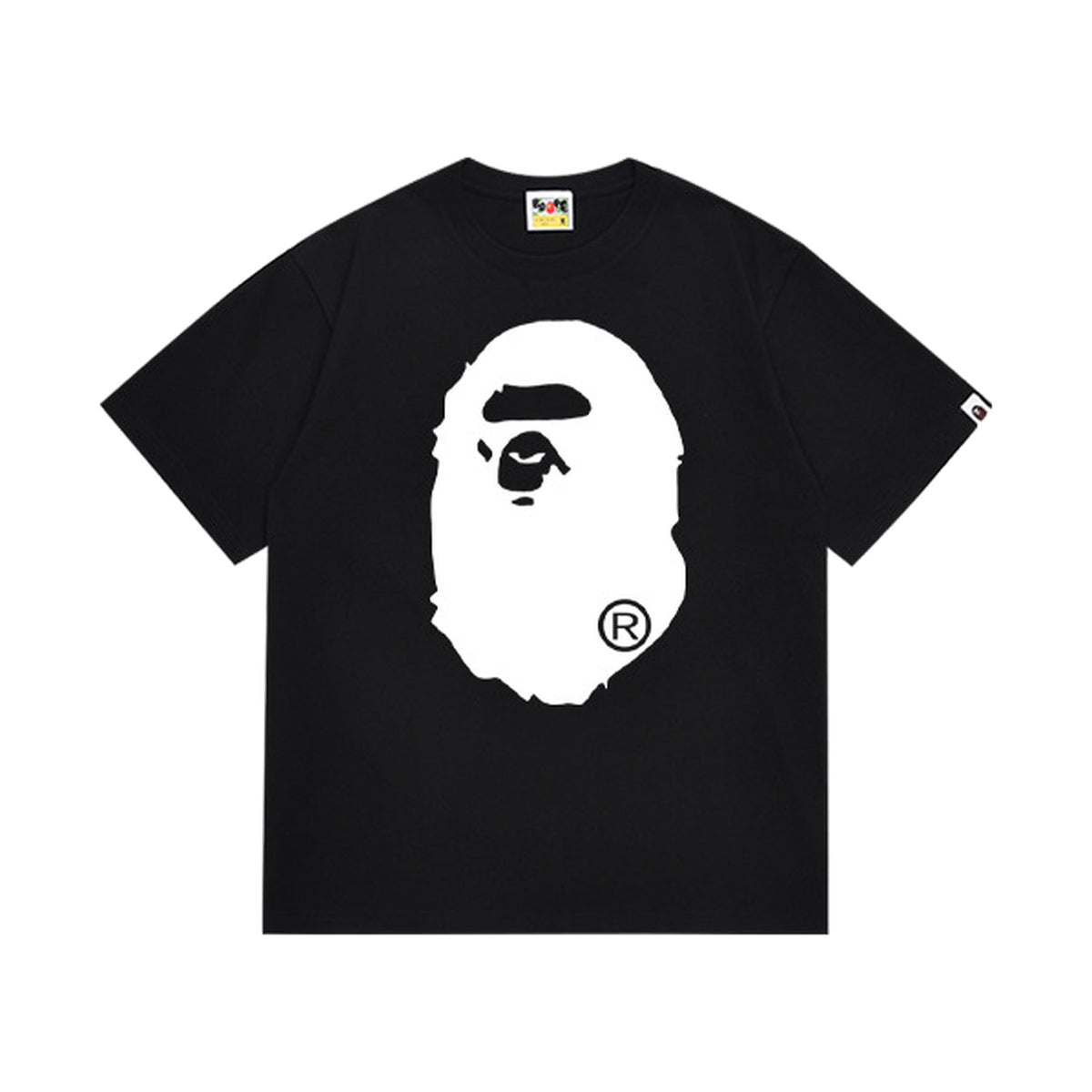 Black graphic T-shirt, large white ape-head front graphic and solid white ape-head silhouette on back, front view