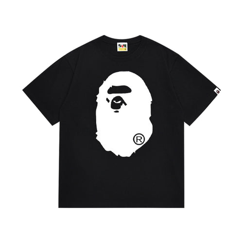 Black graphic T-shirt, large white ape-head front graphic and solid white ape-head silhouette on back, front view
