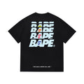Black graphic T-shirt, large stacked lettering with colored ape graphics, back view