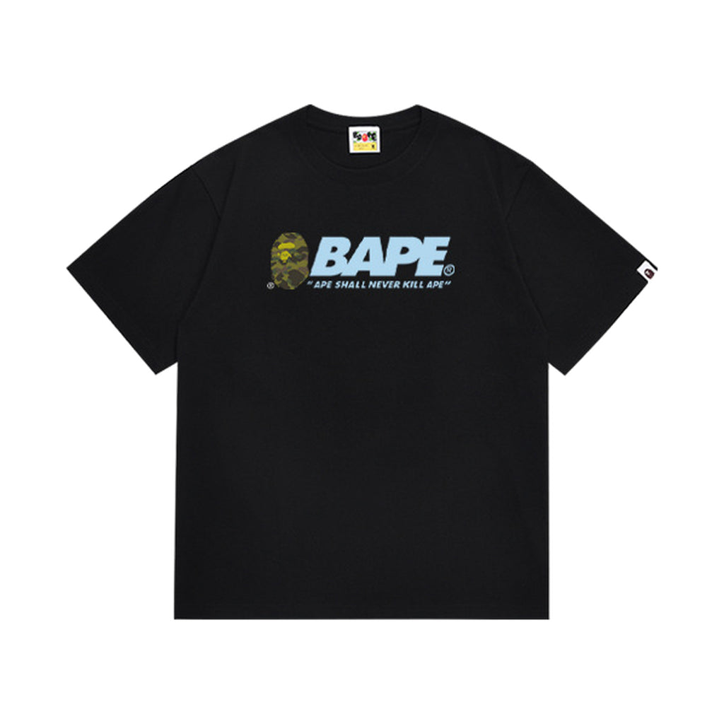 Black graphic T-shirt, small light-blue chest lettering, front view