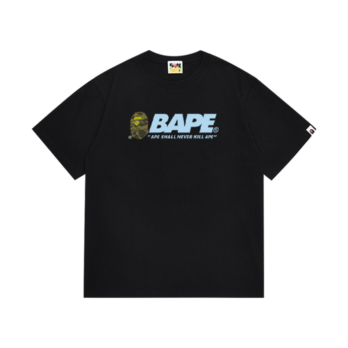 Black graphic T-shirt, small light-blue chest lettering, front view