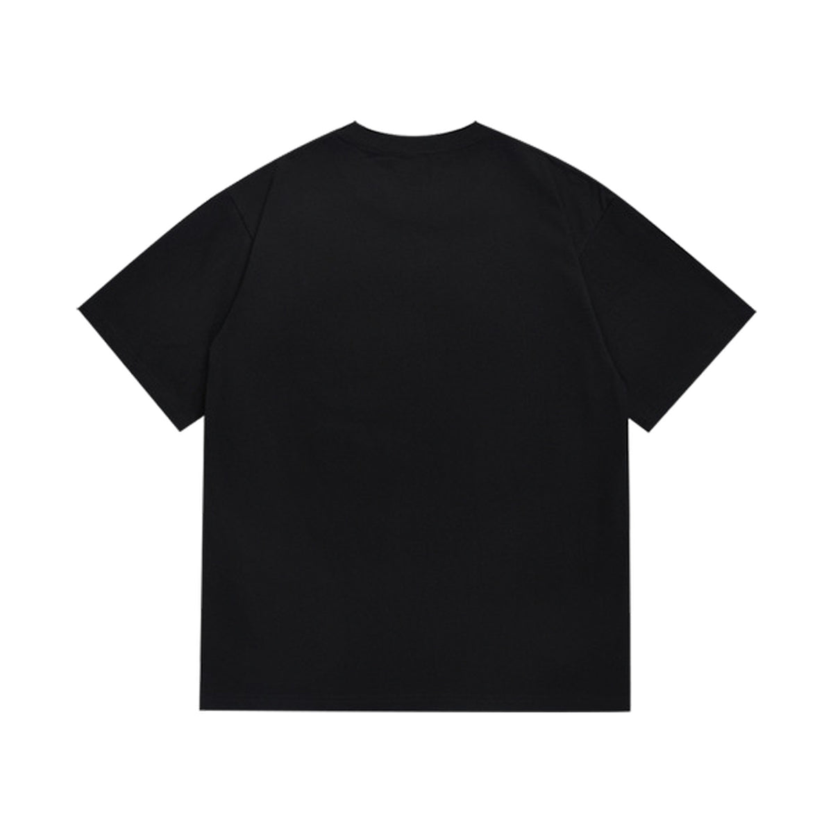Black graphic T-shirt, plain back, back view