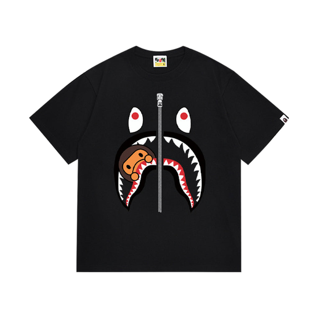 Black graphic T-shirt, large shark-face graphic with a small brown cartoon character and a vertical zipper motif, front view