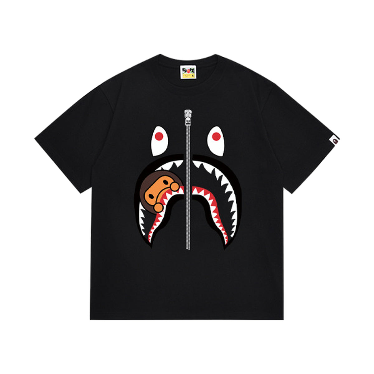 Black graphic T-shirt, large shark-face graphic with a small brown cartoon character and a vertical zipper motif, front view