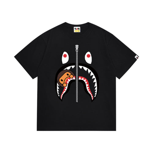 Black graphic T-shirt, large shark-face graphic with a small brown cartoon character and a vertical zipper motif, front view