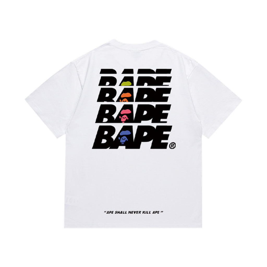 White graphic T-shirt, large stacked lettering with colored ape graphics, back view