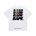 White graphic T-shirt, large stacked lettering with colored ape graphics, back view