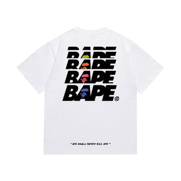White graphic T-shirt, large stacked lettering with colored ape graphics, back view