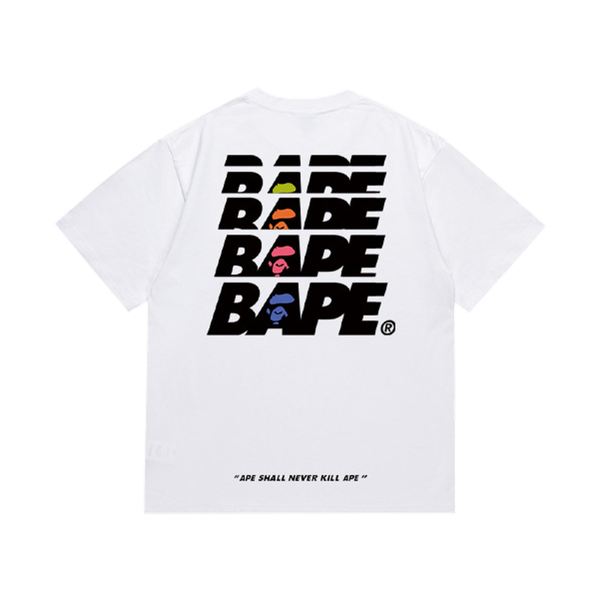 White graphic T-shirt, large stacked lettering with colored ape graphics, back view