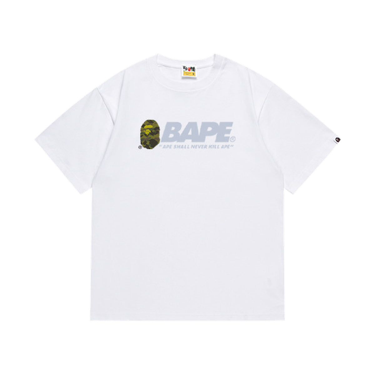 White graphic T-shirt, small pale-blue chest lettering, front view