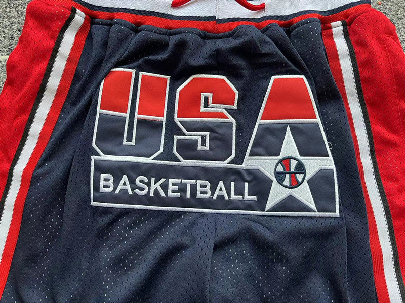 Blue USA Dream Team premium basketball shorts, graphic detail