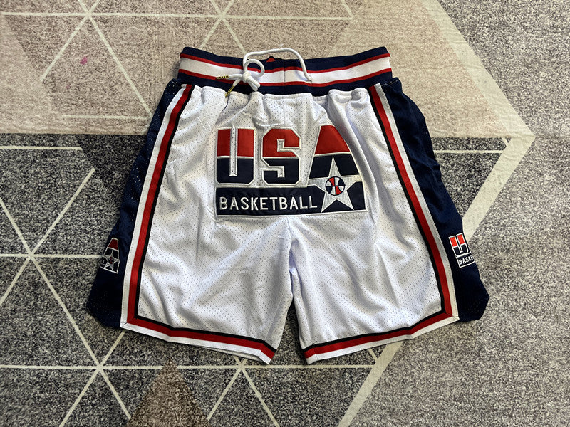 White USA Dream Team premium basketball shorts, full front view