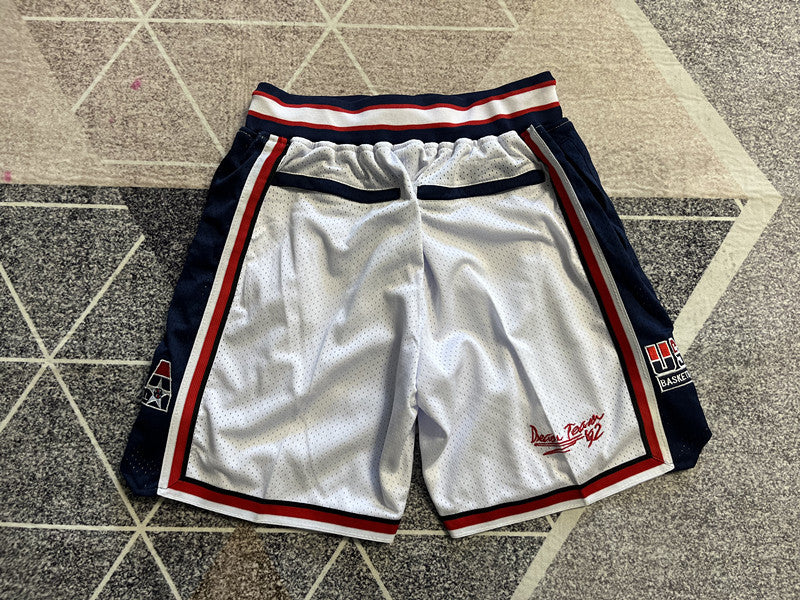 White USA Dream Team premium basketball shorts, full back view