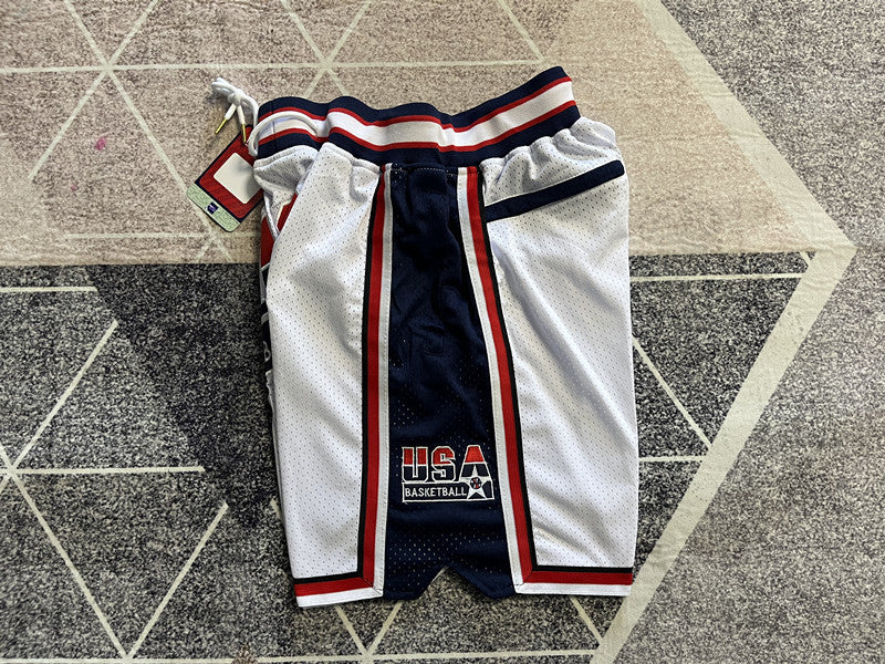 White USA Dream Team premium basketball shorts, side panel detail