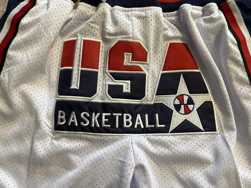 White USA Dream Team premium basketball shorts, graphic detail