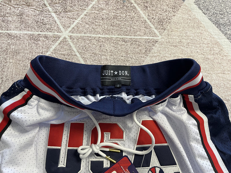 White USA Dream Team premium basketball shorts, waistband and label detail
