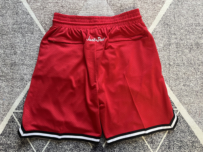 Red USA premium basketball shorts, full back view