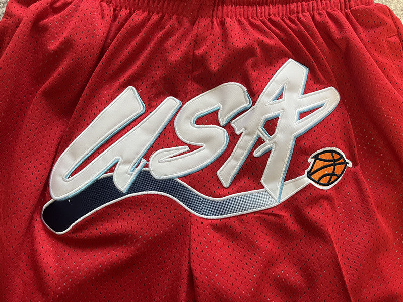 Red USA premium basketball shorts, waistband and label detail