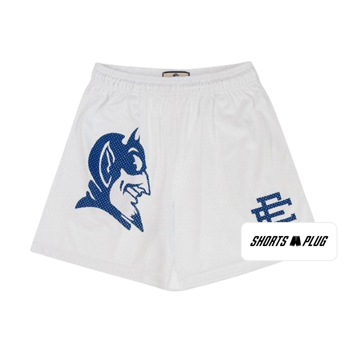White Blue Devil mesh shorts - front product view