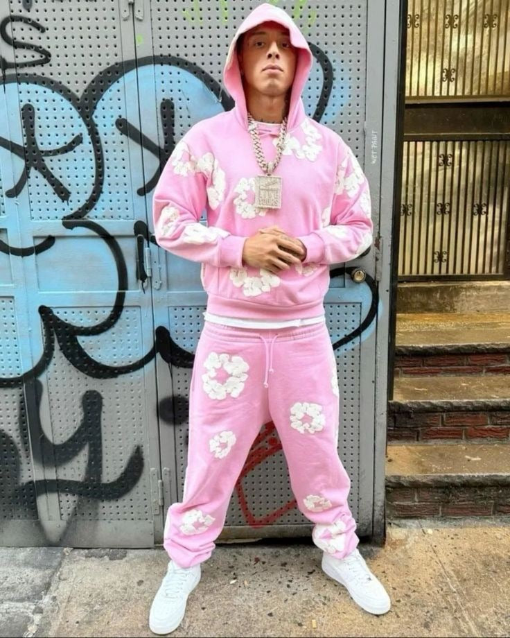 Pink floral streetwear set styled outdoors