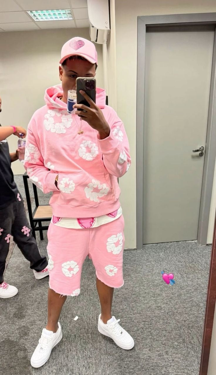 Pink floral shorts and hoodie mirror outfit