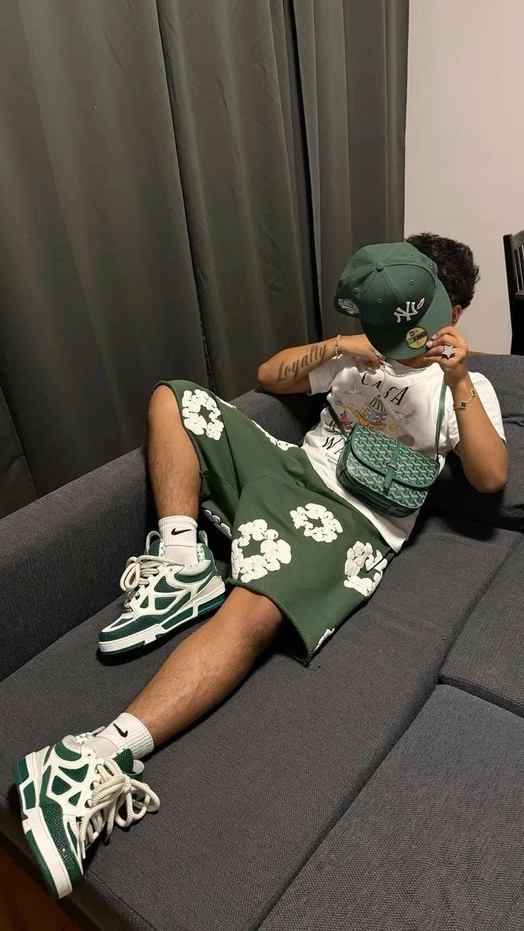 Forest green floral shorts lounge outfit