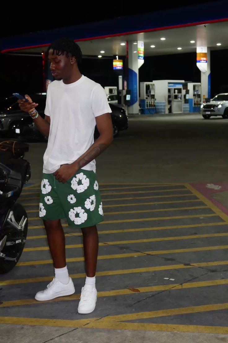 Forest green floral shorts night streetwear fit