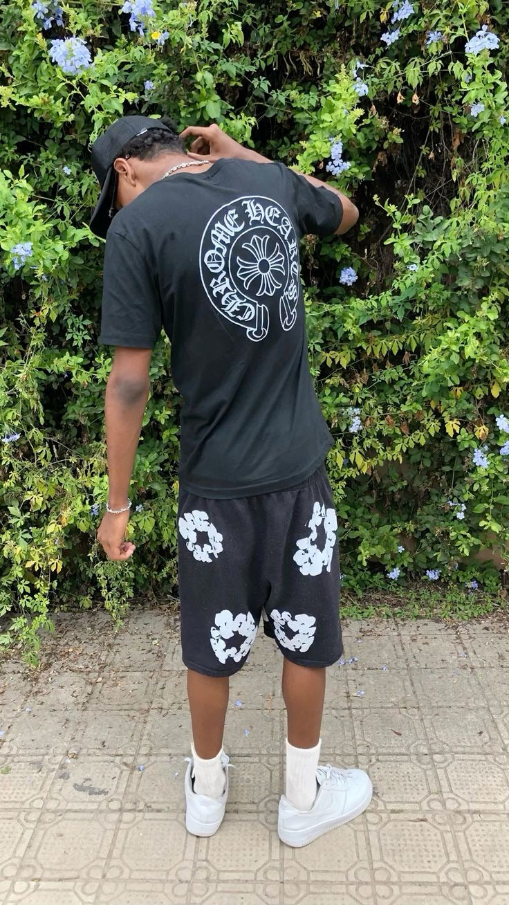 Black floral shorts outdoor back view