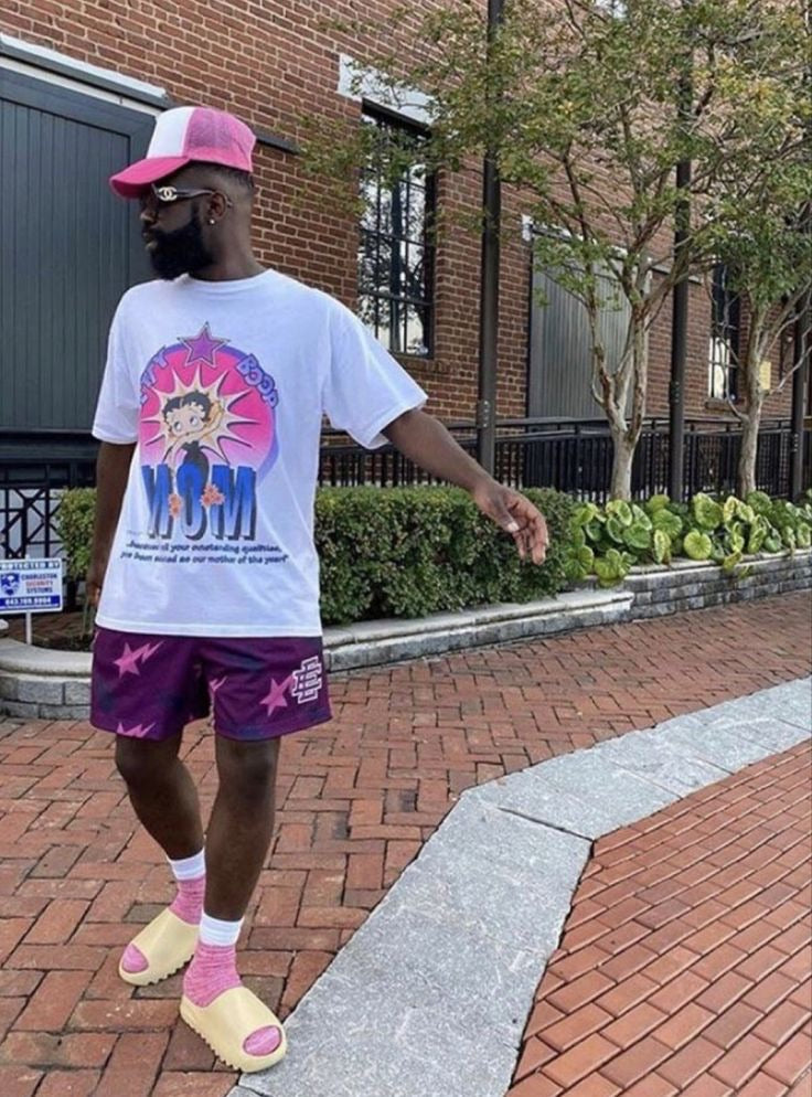 Purple graphic mesh shorts city streetwear outfit