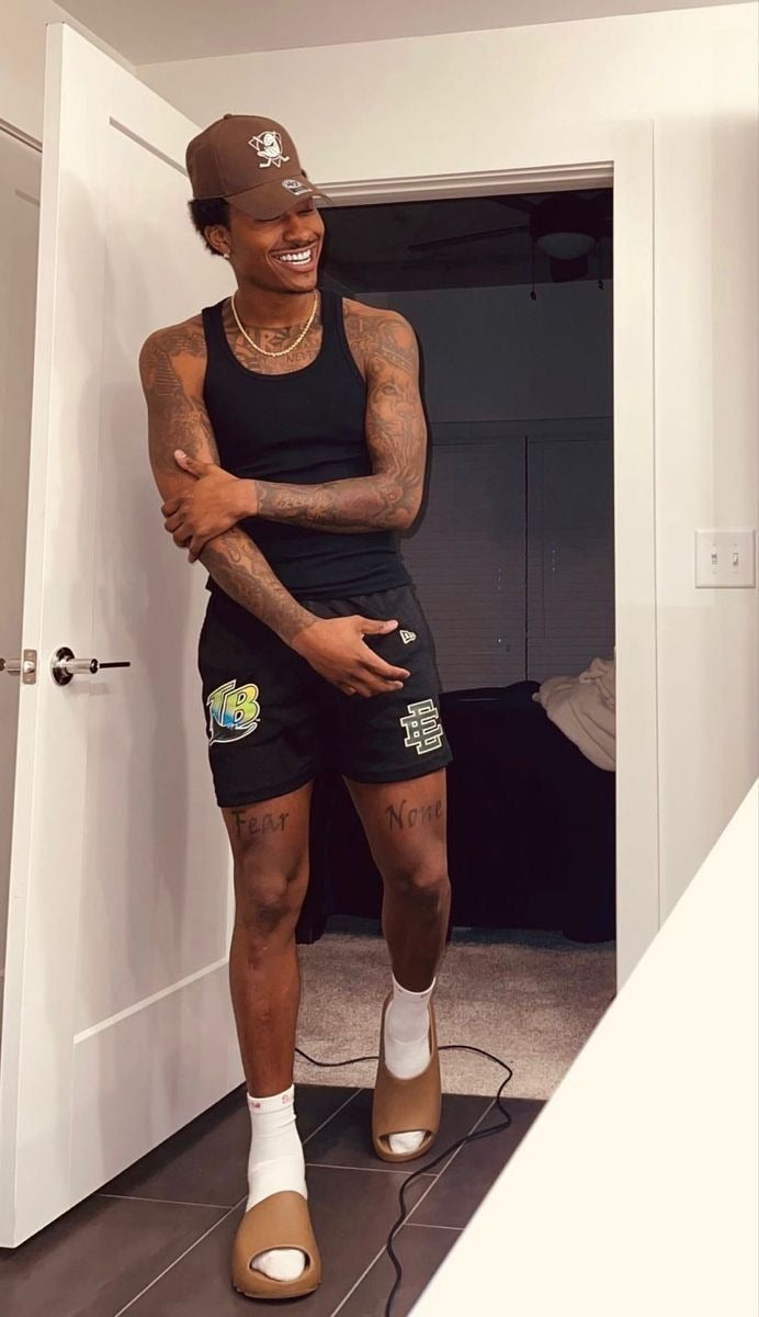 Black graphic mesh shorts casual outfit