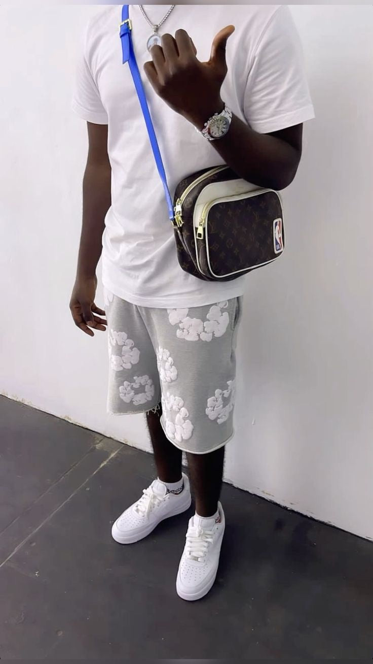 Grey floral shorts styled with a white tee