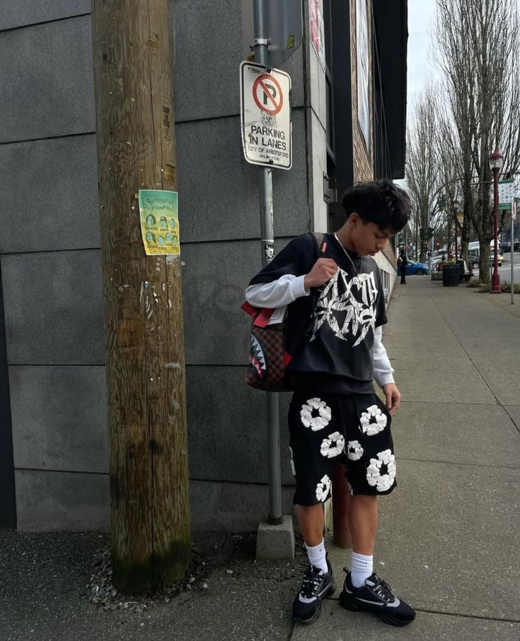Black floral shorts sidewalk streetwear outfit