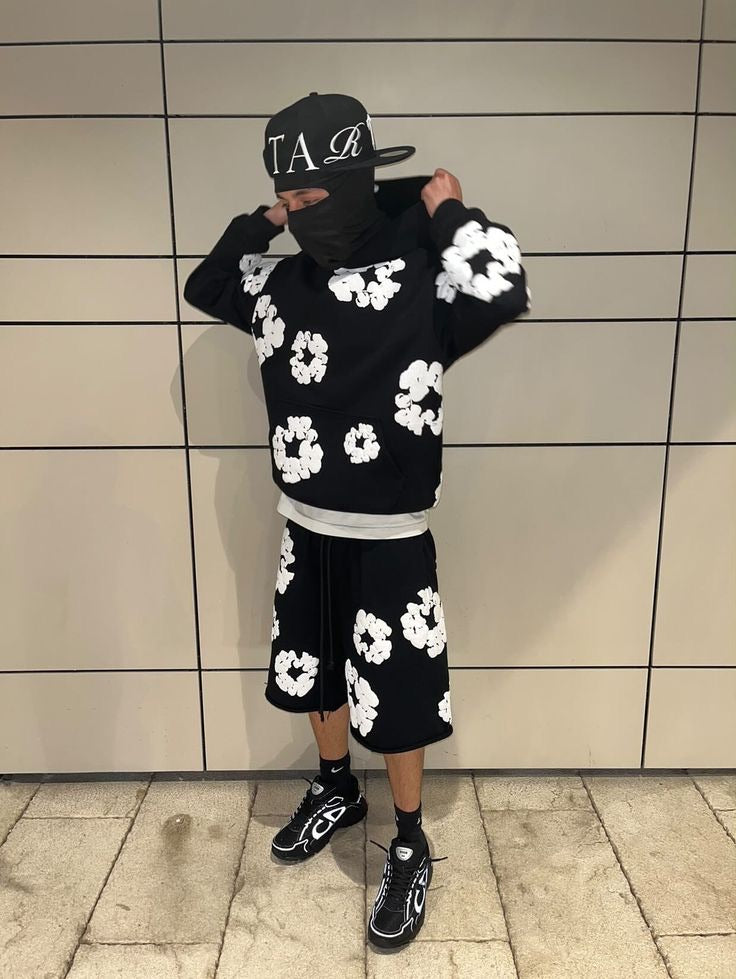 Black floral matching set styled outdoors